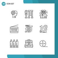 Pack of 9 Modern Outlines Signs and Symbols for Web Print Media such as fm radio open bus item box Editable Vector Design Elements