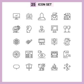25 User Interface Line Pack of modern Signs and Symbols of mail greeting digital envelope mosque Editable Vector Design Elements