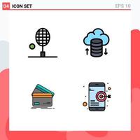 Group of 4 Modern Filledline Flat Colors Set for badminton business tennis cloud network credit card Editable Vector Design Elements