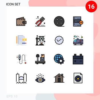 paquete de interfaz de usuario de 16 líneas básicas rellenas de color plano de la empresa eliminar la base de datos de la batería elementos de diseño de vectores creativos editables