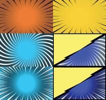 Comic book colorful frames background with halftone rays radial and dotted effects pop art style vector