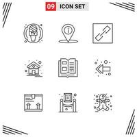 Set of 9 Vector Outlines on Grid for knowledge book chain house home Editable Vector Design Elements