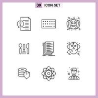 Set of 9 Commercial Outlines pack for coding travel face service cutlery Editable Vector Design Elements