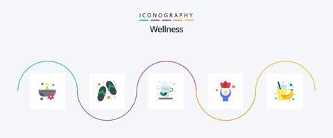 paquete de iconos wellness flat 5 que incluye fruta. banana. té verde. bienestar. saludable vector