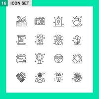 Universal Icon Symbols Group of 16 Modern Outlines of invitation drink celebration gree tea pot Editable Vector Design Elements