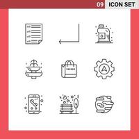 Universal Icon Symbols Group of 9 Modern Outlines of bag tourism cleaner journey fountain Editable Vector Design Elements