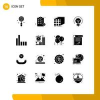 16 User Interface Solid Glyph Pack of modern Signs and Symbols of solution energy report bulb dimensional Editable Vector Design Elements