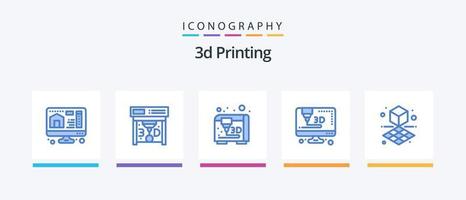 Paquete de 5 iconos azules de impresión 3d que incluye impresión. modelado. cubo. computadora. diseño de iconos creativos vector