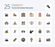 Tourism And Outdoor Recreation 25 Line Filled icon pack including tea. pin. boot. map . hotel vector