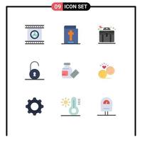 Modern Set of 9 Flat Colors Pictograph of science medical business padlock unlocked Editable Vector Design Elements