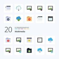 Paquete de 20 íconos multimedia de colores planos como aplicaciones en la nube mac print cloud vector