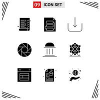 Set of 9 Commercial Solid Glyphs pack for building architecture download photo camera Editable Vector Design Elements