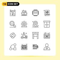 Pack of 16 Modern Outlines Signs and Symbols for Web Print Media such as press news processor marketing technology Editable Vector Design Elements