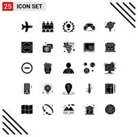 Mobile Interface Solid Glyph Set of 25 Pictograms of gear app day entertainment gaming Editable Vector Design Elements