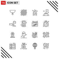 Modern Set of 16 Outlines Pictograph of hand user camping mountain flag Editable Vector Design Elements