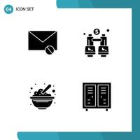 Group of 4 Solid Glyphs Signs and Symbols for envelope bowl sms explore food Editable Vector Design Elements