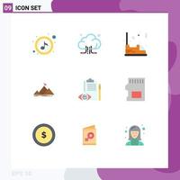 9 User Interface Flat Color Pack of modern Signs and Symbols of quality control peak electric mountain entertainment Editable Vector Design Elements