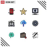 Group of 9 Modern Filledline Flat Colors Set for find computing play cloud computer Editable Vector Design Elements