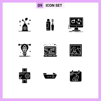 Set of 9 Modern UI Icons Symbols Signs for chart illustration app designing bulb Editable Vector Design Elements