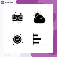 Editable Vector Line Pack of 4 Simple Solid Glyphs of camera advertising cloud sun protection Editable Vector Design Elements