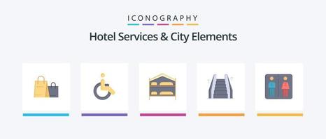 servicios de hotel y elementos de la ciudad paquete de iconos planos 5 que incluye abajo. eléctrico. cama . ascensor. hotel. diseño de iconos creativos vector