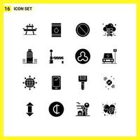 Group of 16 Solid Glyphs Signs and Symbols for bottle hosting flamable cloud prohibited Editable Vector Design Elements