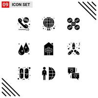 Editable Vector Line Pack of 9 Simple Solid Glyphs of sold house fly water humidity Editable Vector Design Elements