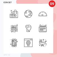 Universal Icon Symbols Group of 9 Modern Outlines of head mind gauge time party Editable Vector Design Elements