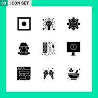 Mobile Interface Solid Glyph Set of 9 Pictograms of electric cable gear spring lamb Editable Vector Design Elements