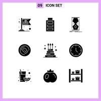 Mobile Interface Solid Glyph Set of 9 Pictograms of cake scratching clock juggling beat Editable Vector Design Elements