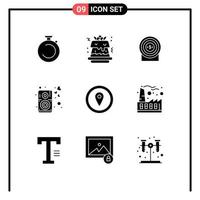 Pack of 9 Modern Solid Glyphs Signs and Symbols for Web Print Media such as location speaker target music heart Editable Vector Design Elements