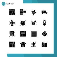 Modern Set of 16 Solid Glyphs Pictograph of plane delay movie vehicles windmill Editable Vector Design Elements