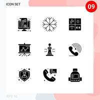 Group of 9 Modern Solid Glyphs Set for chess presentation audio graph process Editable Vector Design Elements