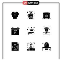 Mobile Interface Solid Glyph Set of 9 Pictograms of fire energy handbag electric accumulator Editable Vector Design Elements