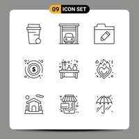 Pack of 9 Modern Outlines Signs and Symbols for Web Print Media such as lamp flask rename experiment money Editable Vector Design Elements