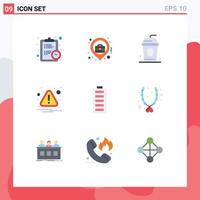 Pictogram Set of 9 Simple Flat Colors of electricity battery cola attention caution Editable Vector Design Elements