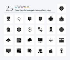 Cloud Data Technology And Network Technology 25 Solid Glyph icon pack including database. play. finger . computing. music vector