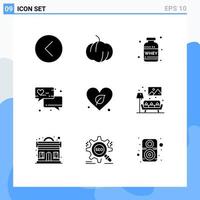 conjunto de 9 iconos de interfaz de usuario modernos símbolos signos para guardar proteína verde corazón amor mensaje elementos de diseño vectorial editables vector