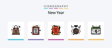 la línea de año nuevo llenó el paquete de 5 iconos, incluido el reloj. Año Nuevo. año. medianoche. té. diseño de iconos creativos vector