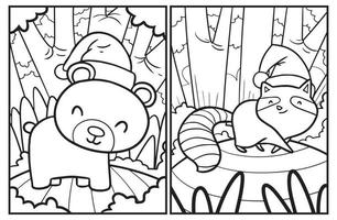 Funny christmas bear and racoo coloring pages vector