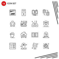 Pack of 16 Modern Outlines Signs and Symbols for Web Print Media such as love share error storage server Editable Vector Design Elements