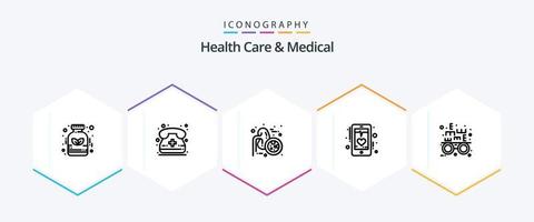 Health Care And Medical 25 Line icon pack including eye test. mobile. lungs disease. heart. beat vector