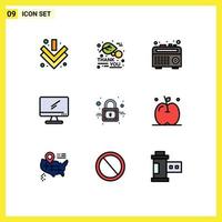 Modern Set of 9 Filledline Flat Colors Pictograph of secure closed radio pc device Editable Vector Design Elements