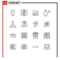 Pictogram Set of 16 Simple Outlines of padlock human online body soap Editable Vector Design Elements