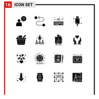 16 Thematic Vector Solid Glyphs and Editable Symbols of labortary checkout wireless basket electronic Editable Vector Design Elements