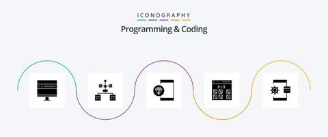 Programming And Coding Glyph 5 Icon Pack Including develop. app. develop. programming. develop vector