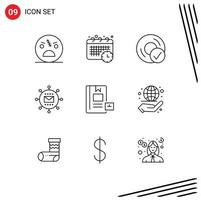 Pack of 9 Modern Outlines Signs and Symbols for Web Print Media such as optimization mail appointment engine disc Editable Vector Design Elements