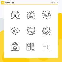 Group of 9 Outlines Signs and Symbols for cup settings pills cloud cloud Editable Vector Design Elements