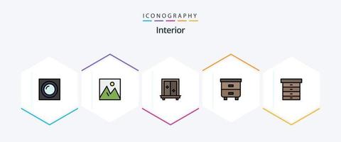 paquete de íconos interiores de 25 líneas completas que incluye decoración. muebles. foto. cajón. vendaje vector