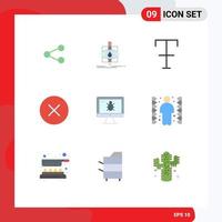 9 Universal Flat Color Signs Symbols of bug multimedia science media player error Editable Vector Design Elements